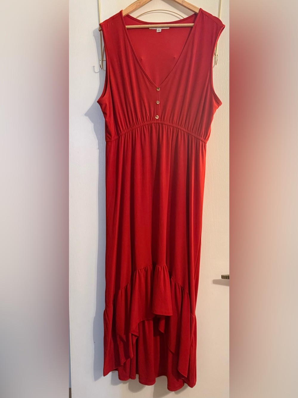 Red Button-Front Elastic Waist Dress
